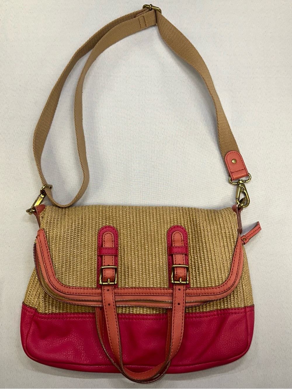 Fossil Foldover Raffia & Leather Convertible Crossbody Messenger Bag Coral Pink